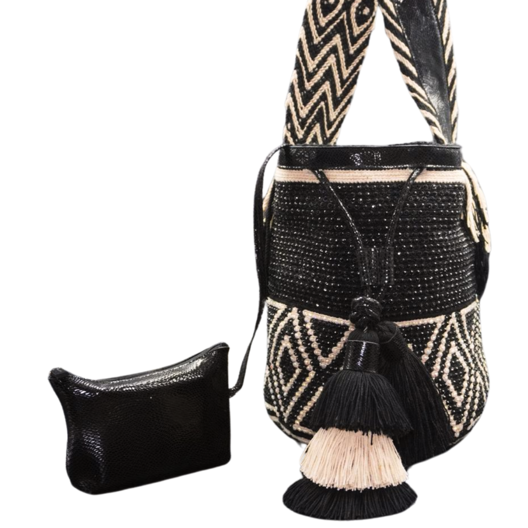 Black and White Leather Crochet Bag with Gems. The wayuu bag also has 2 tassels and a smaller leather bag / compartment attached