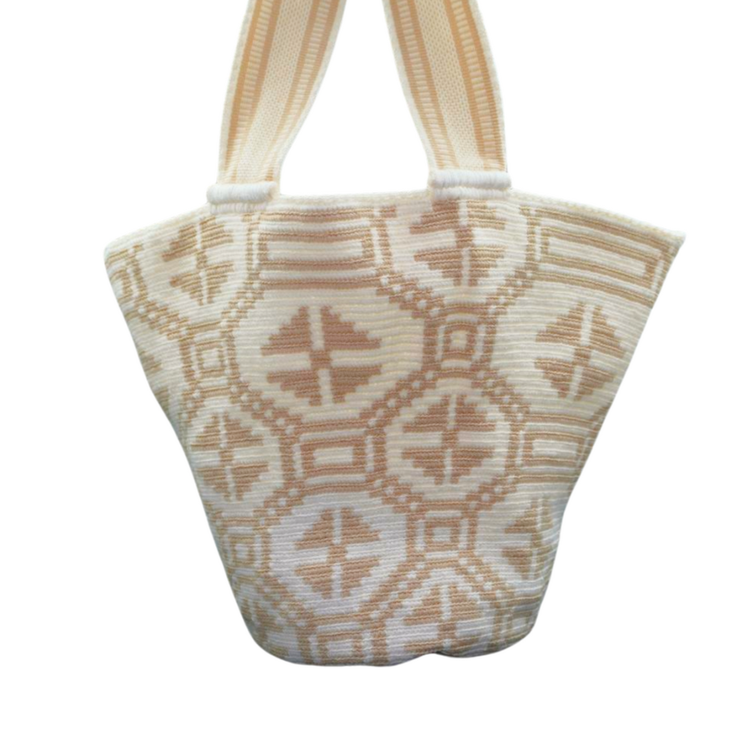 White & Beige Wayuu Beach Bag, the crochet bag also has 6 tassels