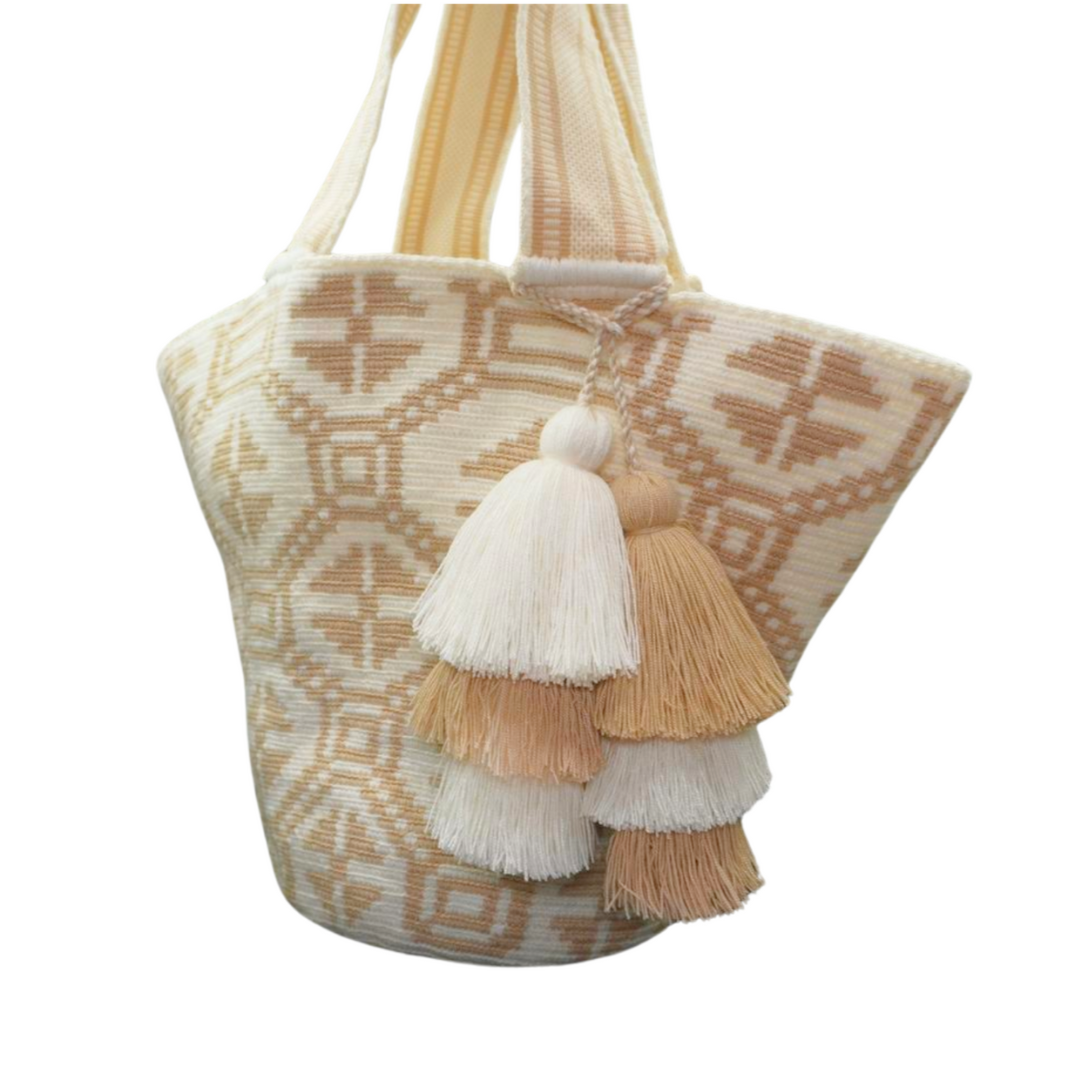 White & Beige Wayuu Beach Bag, the crochet bag also has 6 tassels