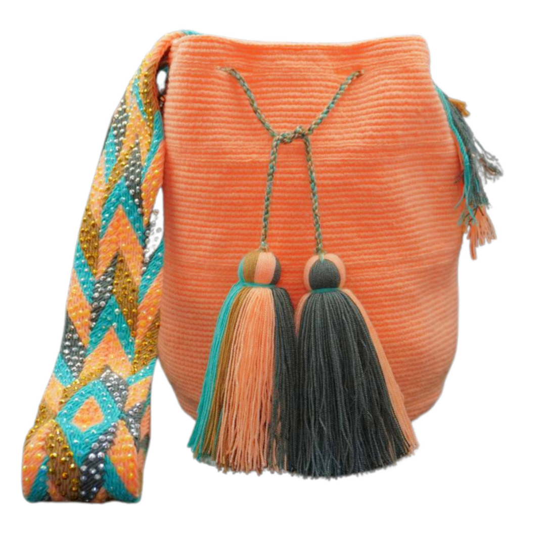 Peach Wayuu Bag with Gem Handel, the crochet handbag also has 2 tassels.