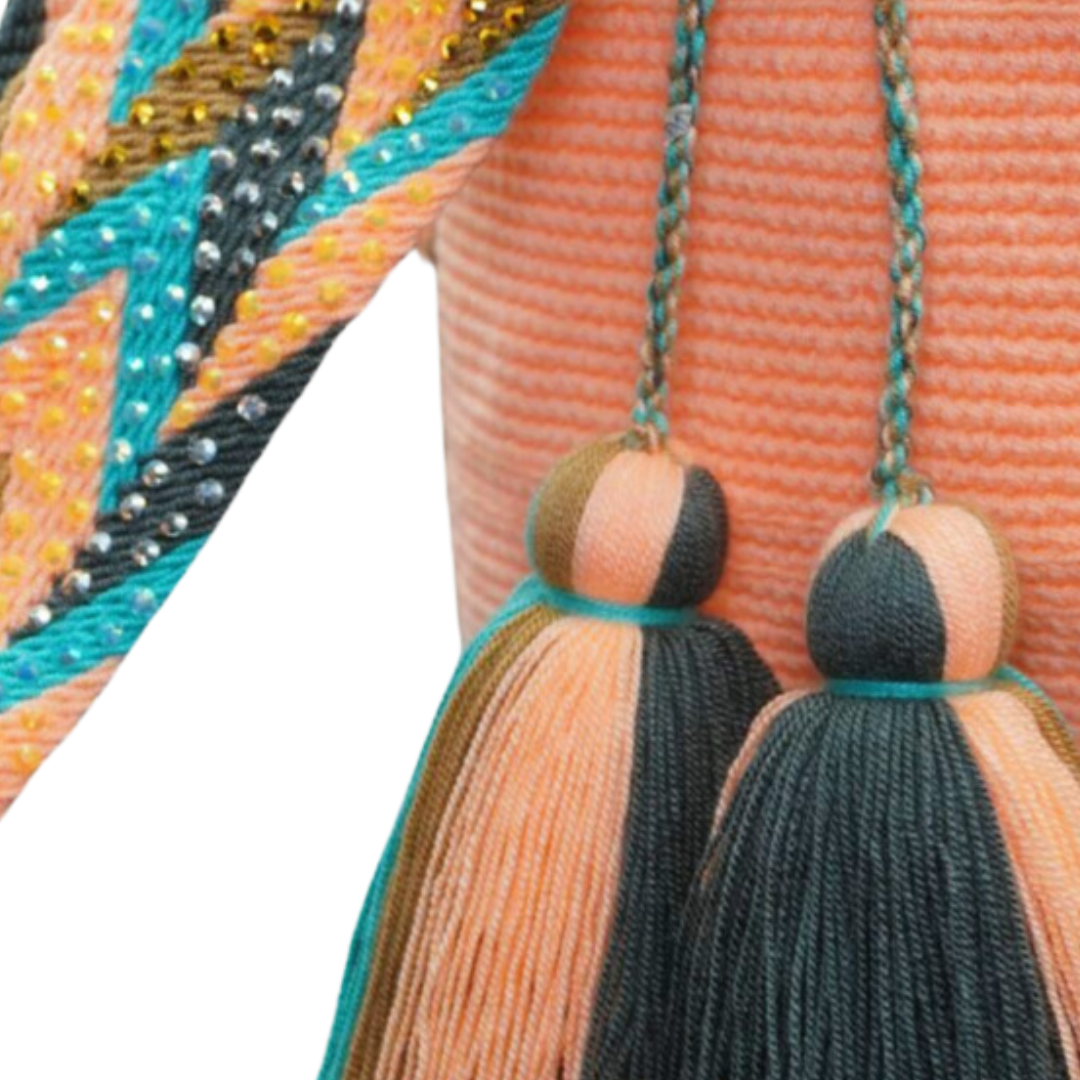 Peach Wayuu Bag with Gem Handel, the crochet handbag also has 2 tassels.