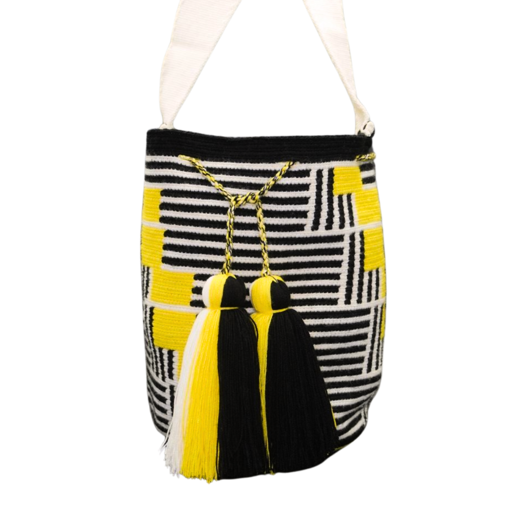 Handmade Black, White, and Yellow Patterned Wayuu Bag