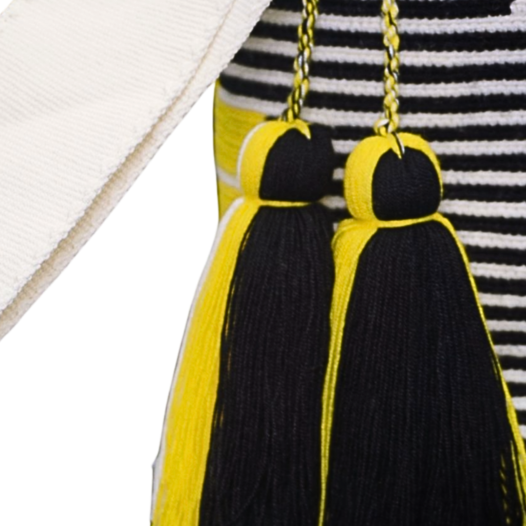 Handmade Black, White, and Yellow Patterned Wayuu Bag