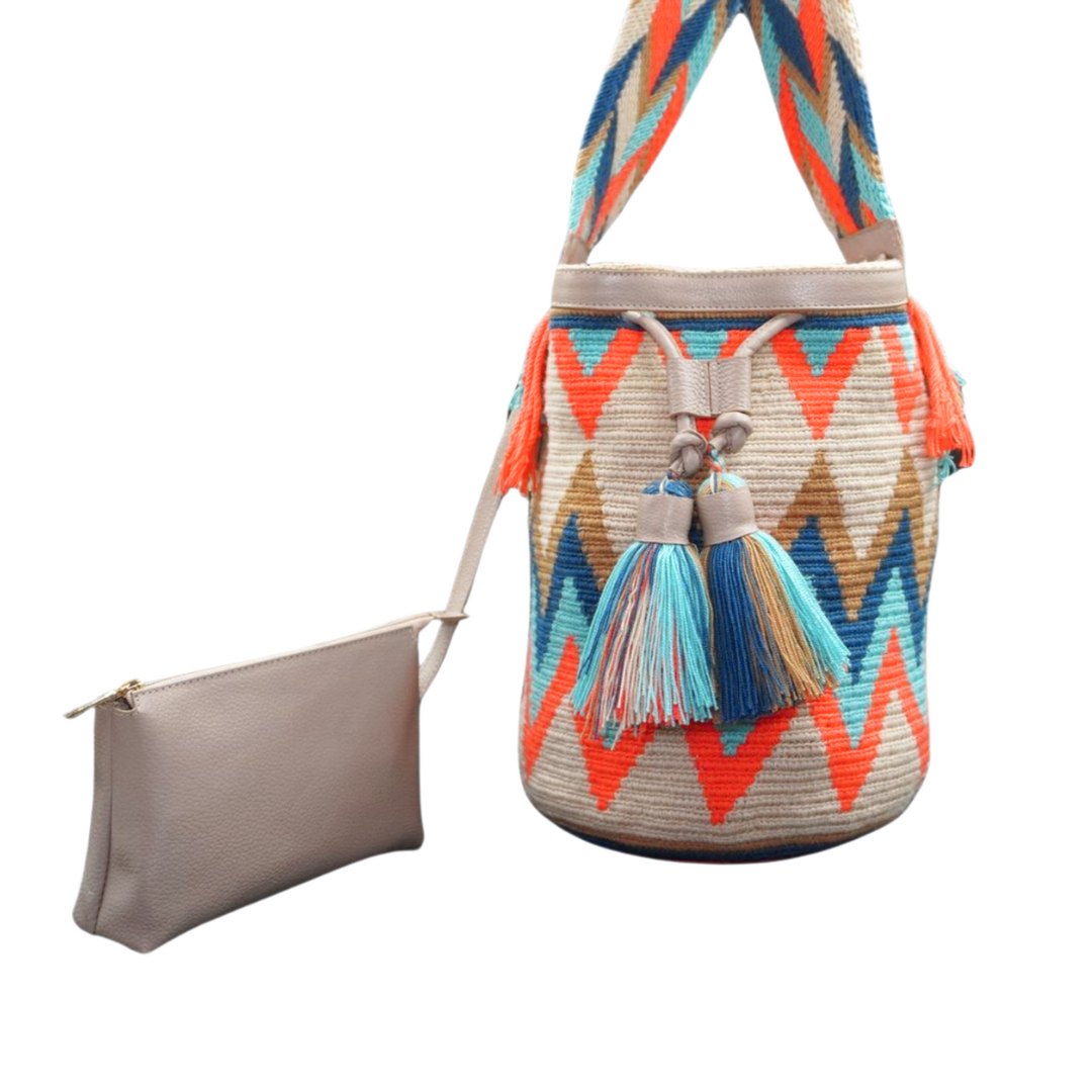 Cream Leather Crochet Bag with Zigzag Pattern, there is a smaller leather bag that is attached to the Wayuu bag