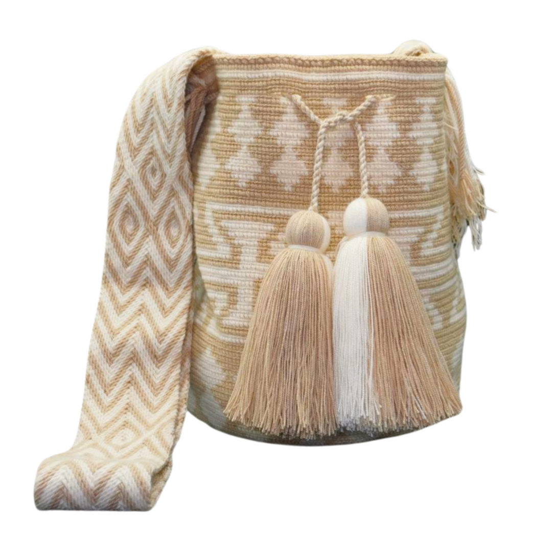 Handmade White and Beige Patterned Mochila, with 2 tassels. 
