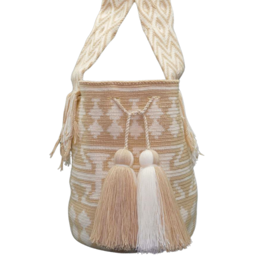 Handmade White and Beige Patterned Mochila, with 2 tassels. 