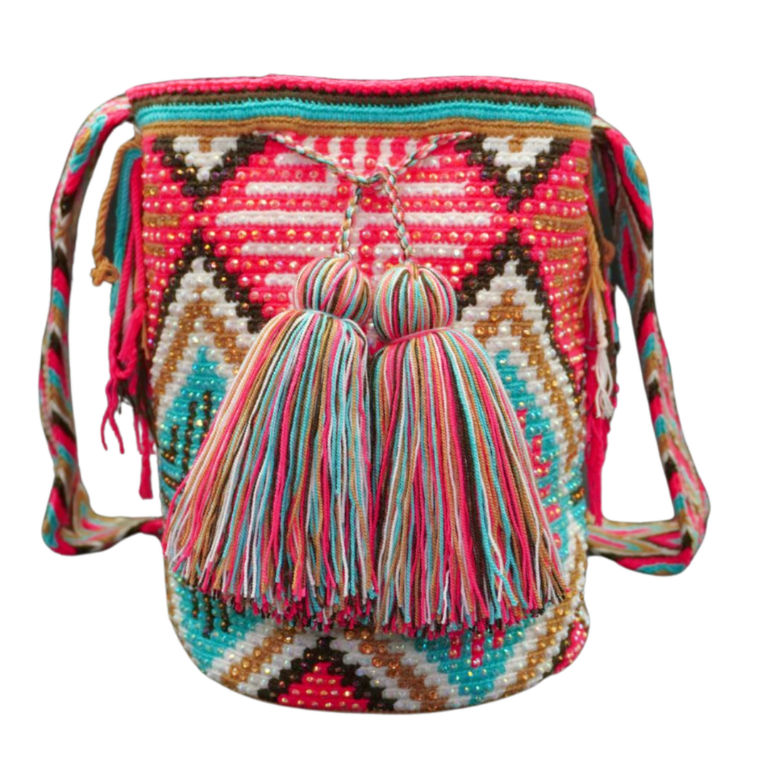 Pink Patterned Wayuu Bag with Gems, the mochila bag also has 2 tassels