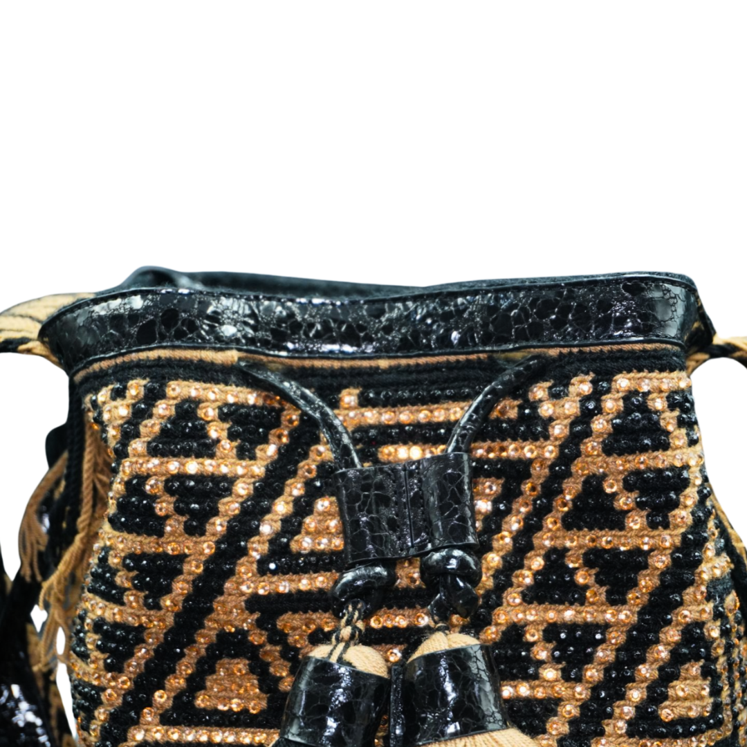 Black & Gold Leather Crochet Bag with Gems. 