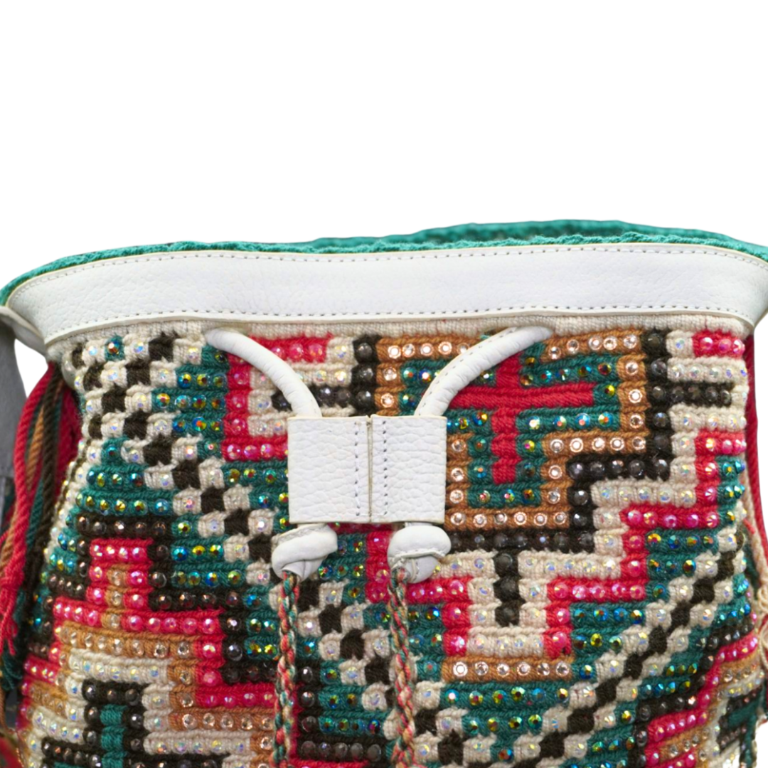 White Leather Wayuu Bag with Multicoloured Gems.