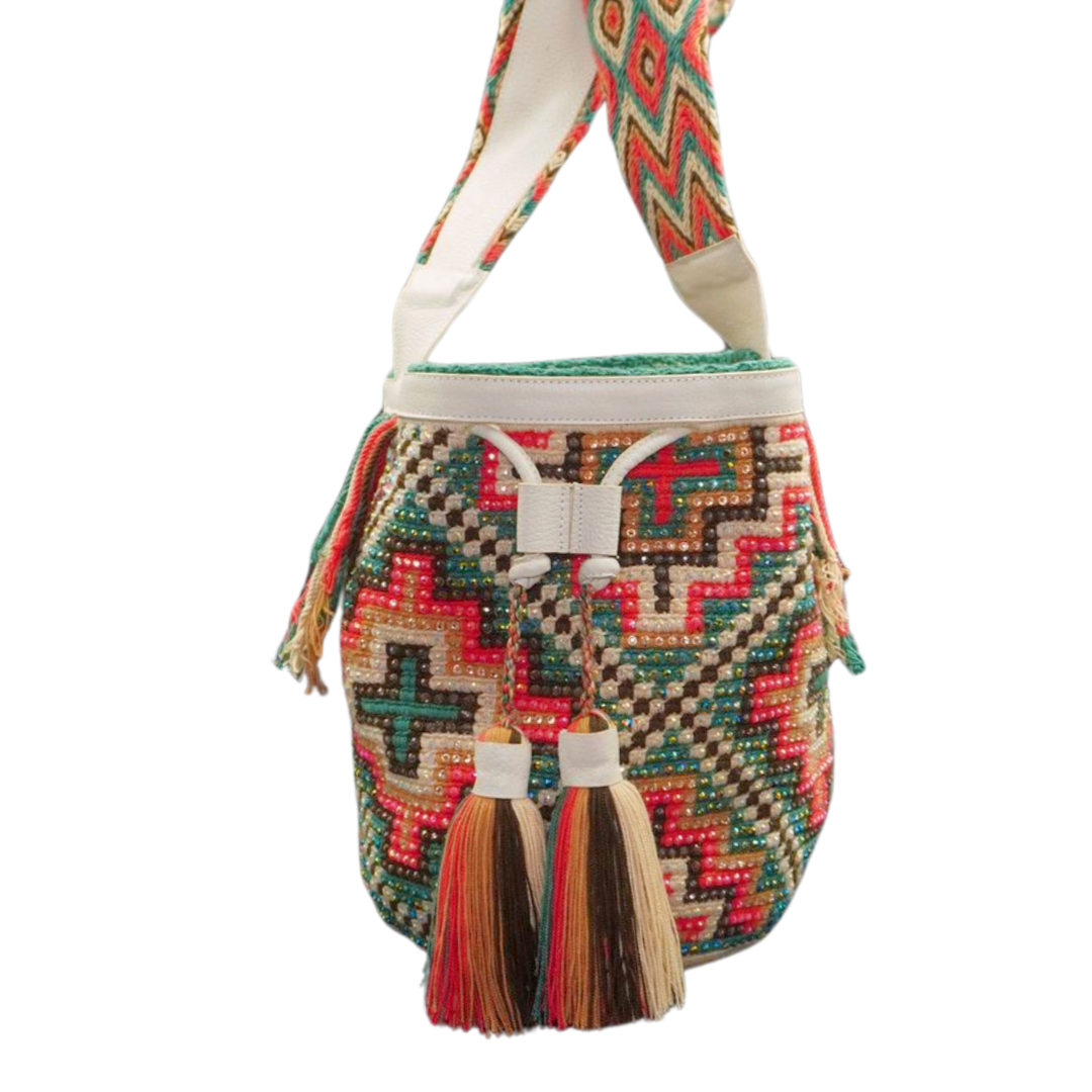 White Leather Wayuu Bag with Multicoloured Gems and two tassels.
