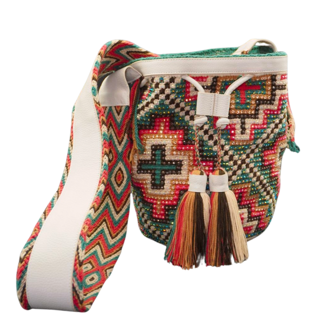 White Leather Wayuu Bag with Multicoloured Gems and two tassels.