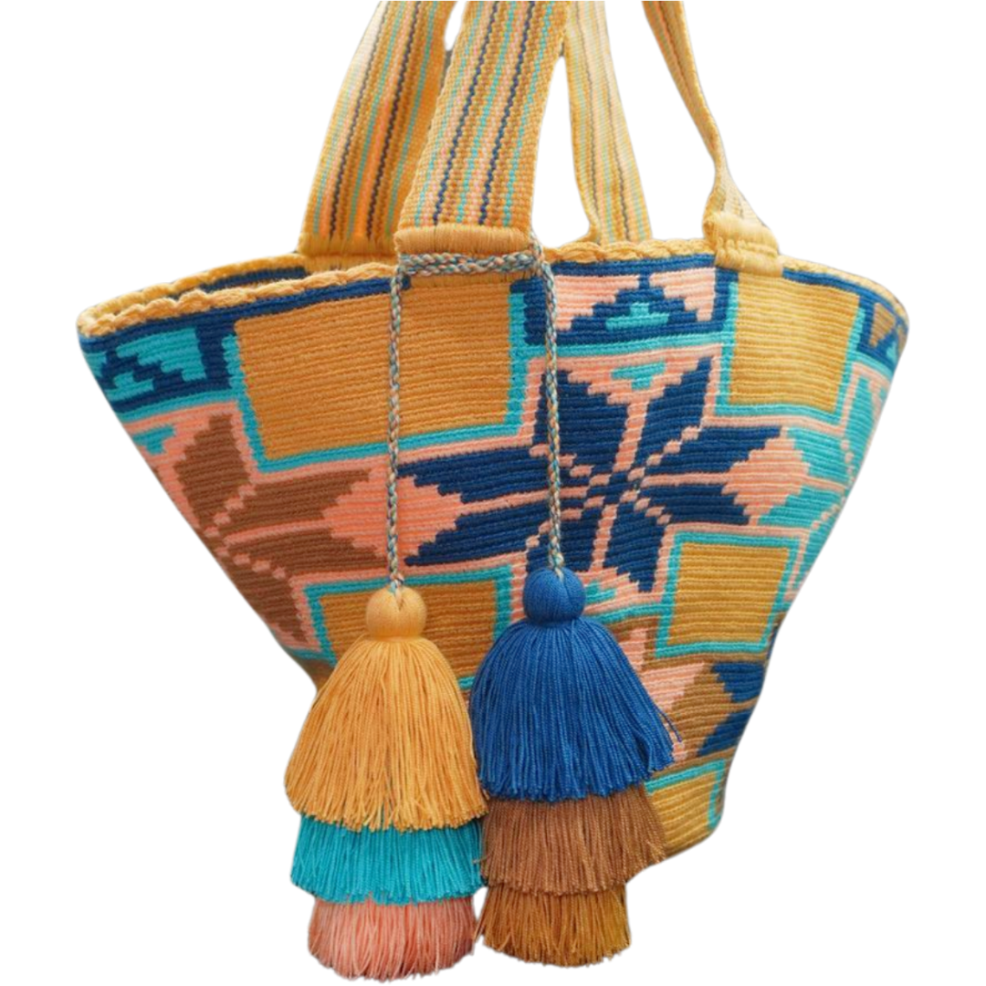 Beach Bag with Star-Shaped Flower Design, the crochet bag also has 6 tassels