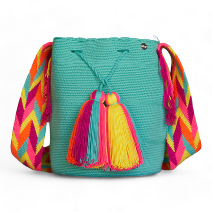 Aqua Shoulder Bag with Multi-colourd Strap