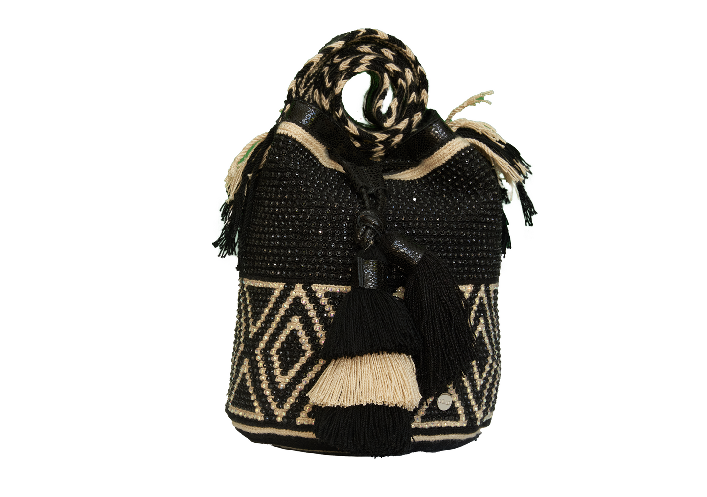 Black and White Leather Crochet Bag with Gems. The wayuu bag also has 2 tassels