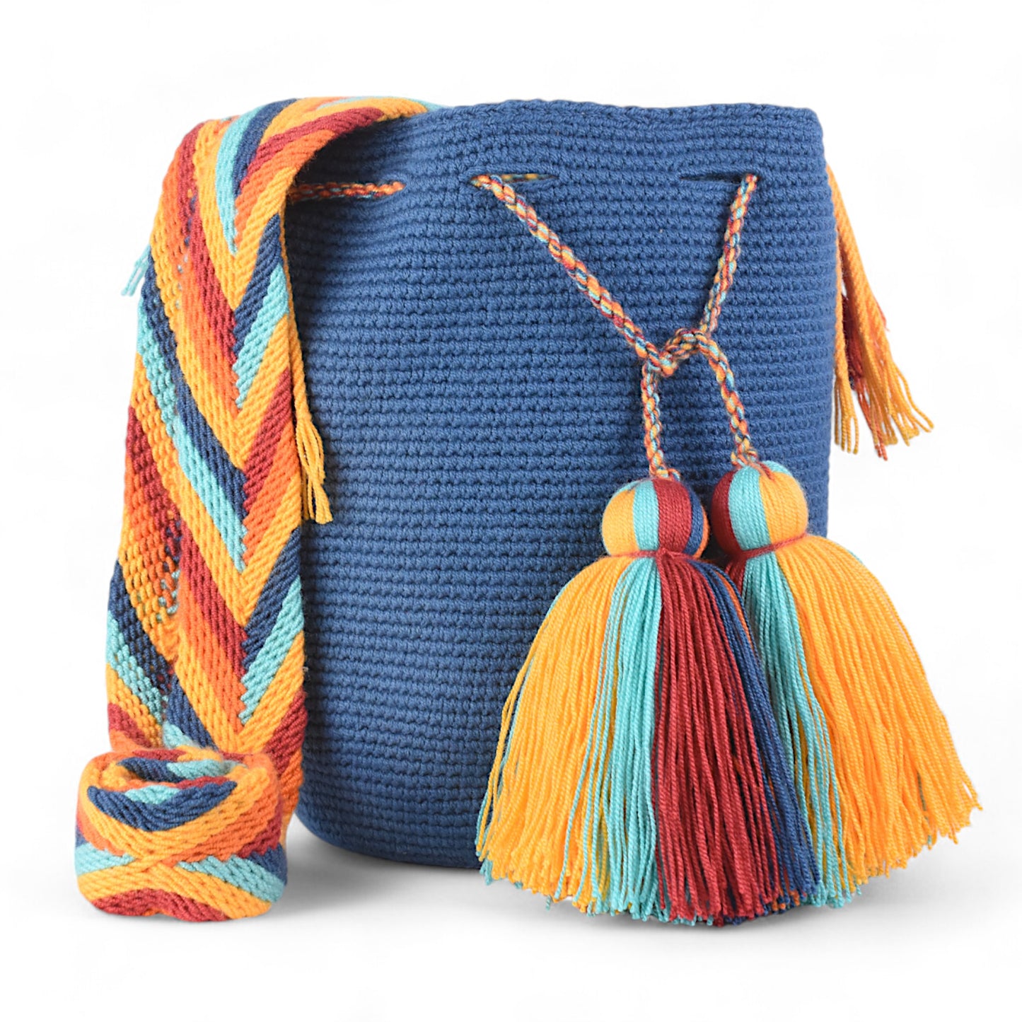 Medium Handmade Blue Handbag with Multi-coloured Tassels