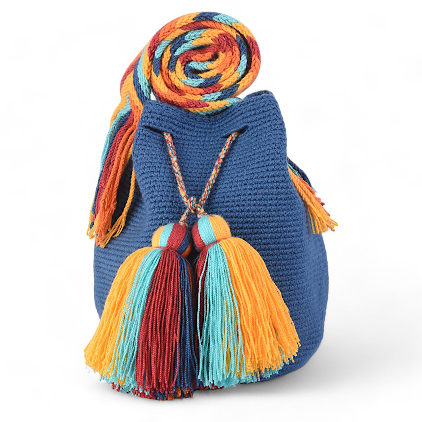 Medium Handmade Blue Handbag with Multi-coloured Tassels