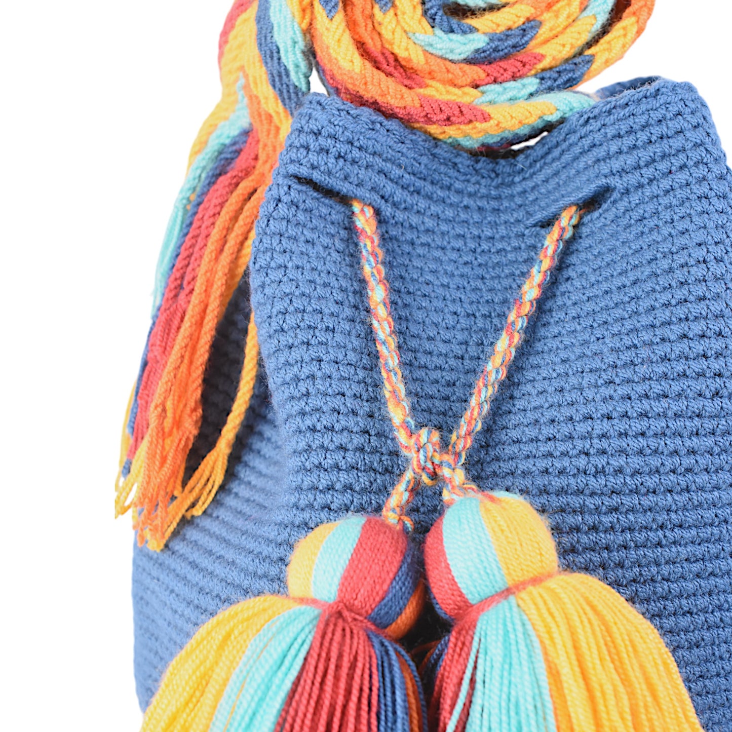 Medium Handmade Blue Handbag with Multi-coloured Tassels