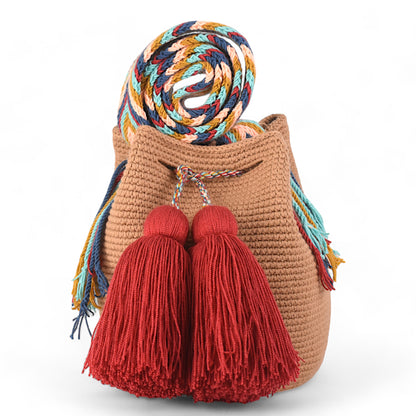 Medium Handmade Beige Handbag with Red Tassels