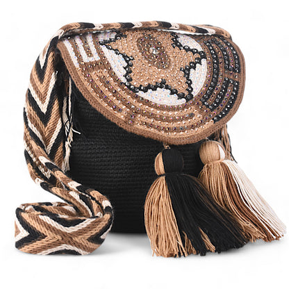 Medium Black Wayuu Bag with Gem Patterned Flap