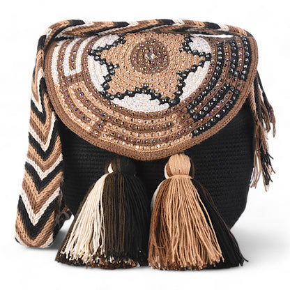 Medium Black Wayuu Bag with Gem Patterned Flap