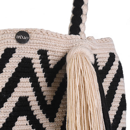 Handmade Black and White Tote Bag with Long Tassels