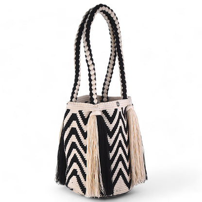 Handmade Black and White Tote Bag with Long Tassels