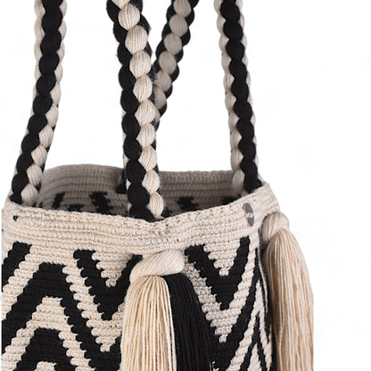 Handmade Black and White Tote Bag with Long Tassels