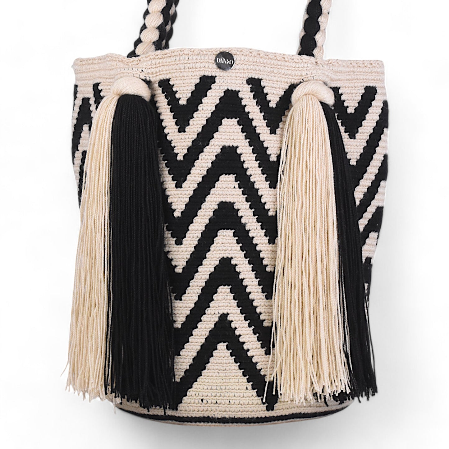 Handmade Black and White Tote Bag with Long Tassels