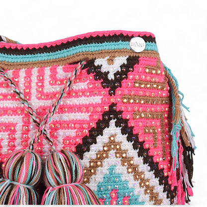 Handmade Pink Patterned Wayuu Bag with Gems