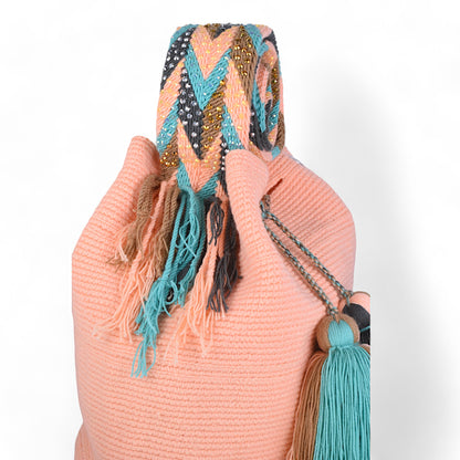 Handmade Peach Wayuu Bag with Gem Handle