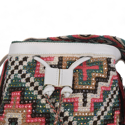 Handmade White Leather Wayuu Bag with Multicoloured Gems