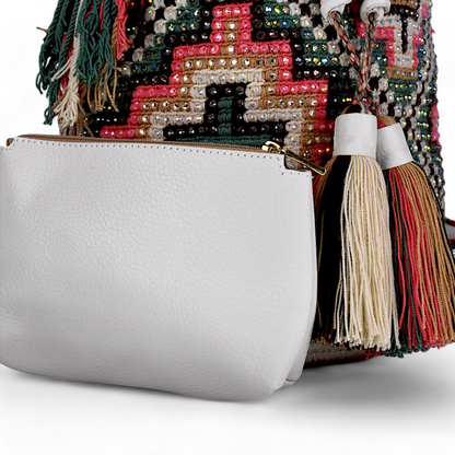 Handmade White Leather Wayuu Bag with Multicoloured Gems