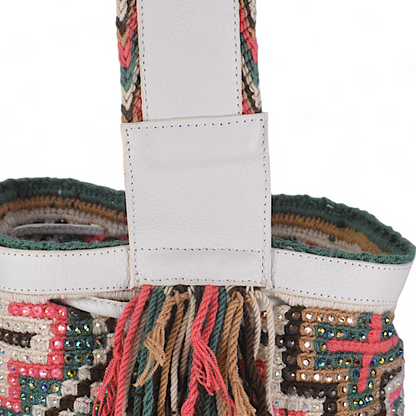 Handmade White Leather Wayuu Bag with Multicoloured Gems