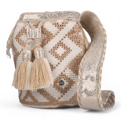 Handmade Leather Wayuu Bag - Cream and Gold with Gems