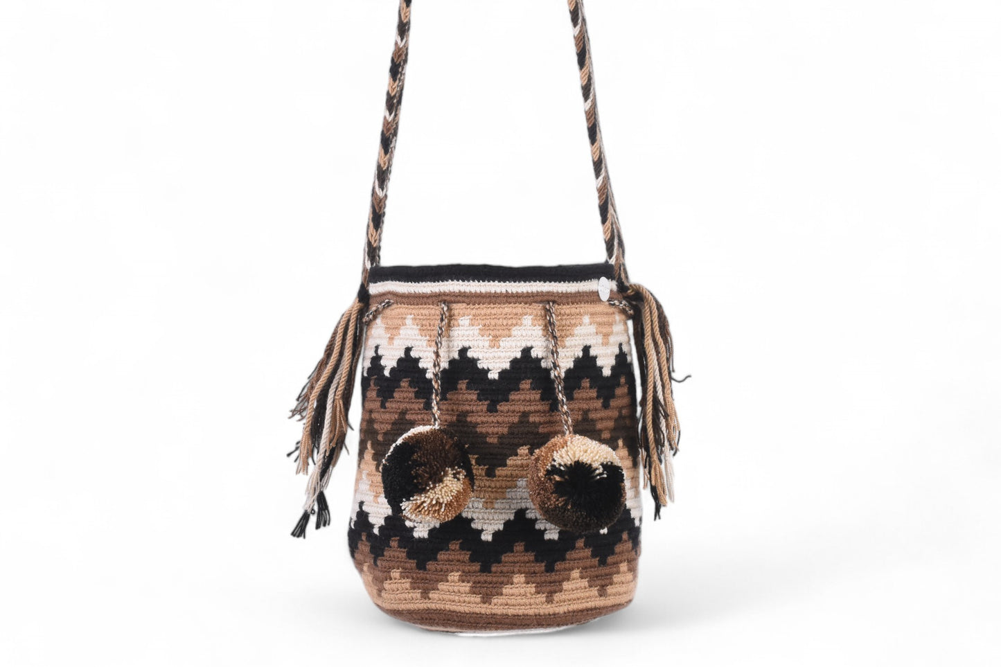 Medium Brown Zig Zig Crochet Bag with Pom Poms