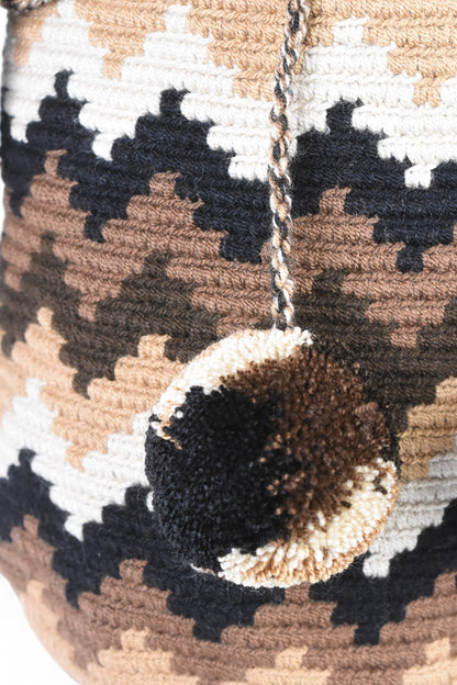 Medium Brown Zig Zig Crochet Bag with Pom Poms