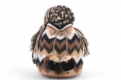 Medium Brown Zig Zig Crochet Bag with Pom Poms