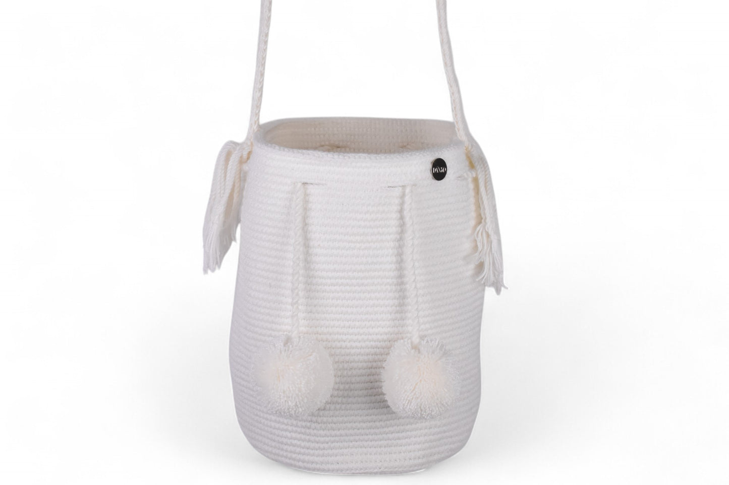 Medium White Crochet Bag with Pom Poms