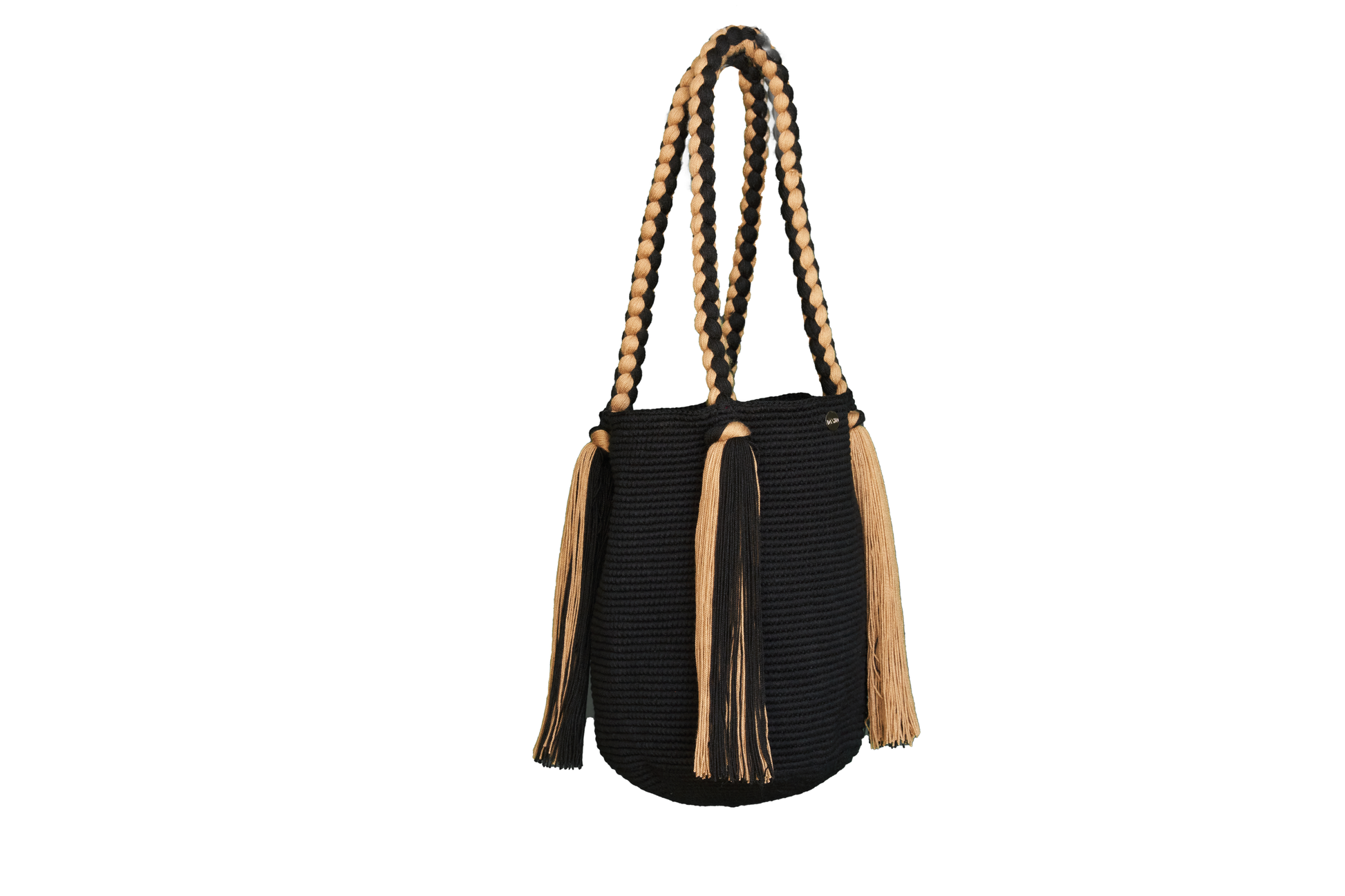 Handmade Black and Beige Tote With Long Tassels