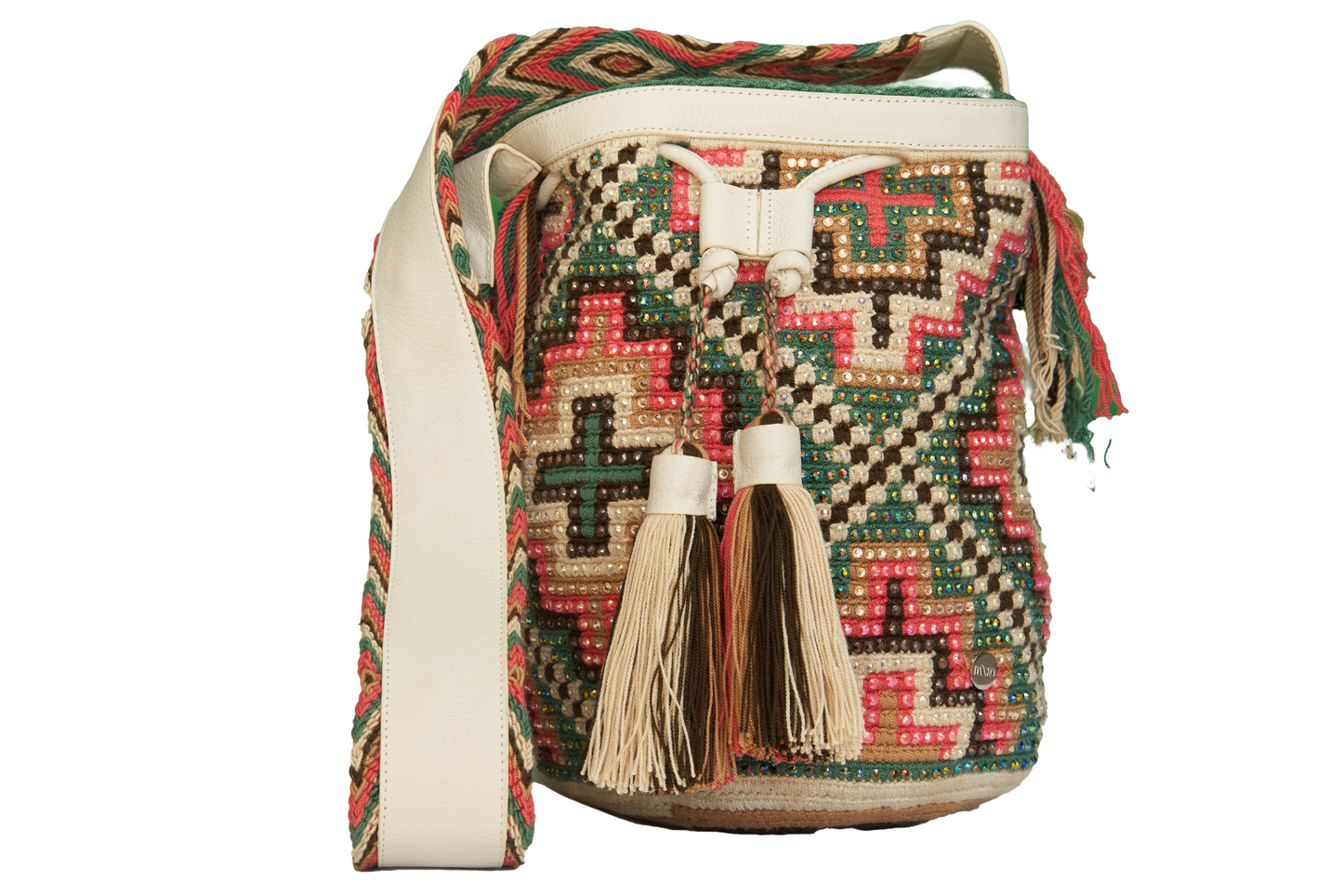 White Leather Wayuu Bag with Multicoloured Gems and two tassels. The mochila has a cross shaped pattern 