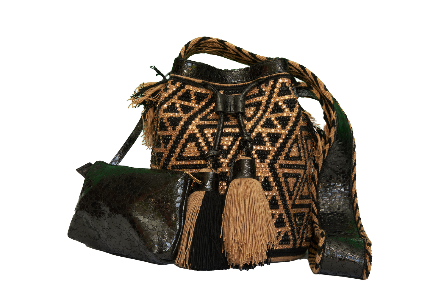 Black & Gold Leather Crochet Bag with Gems. The mochila also has 2 tassels and a smaller leather bag / compartment attached to the main mochila bag