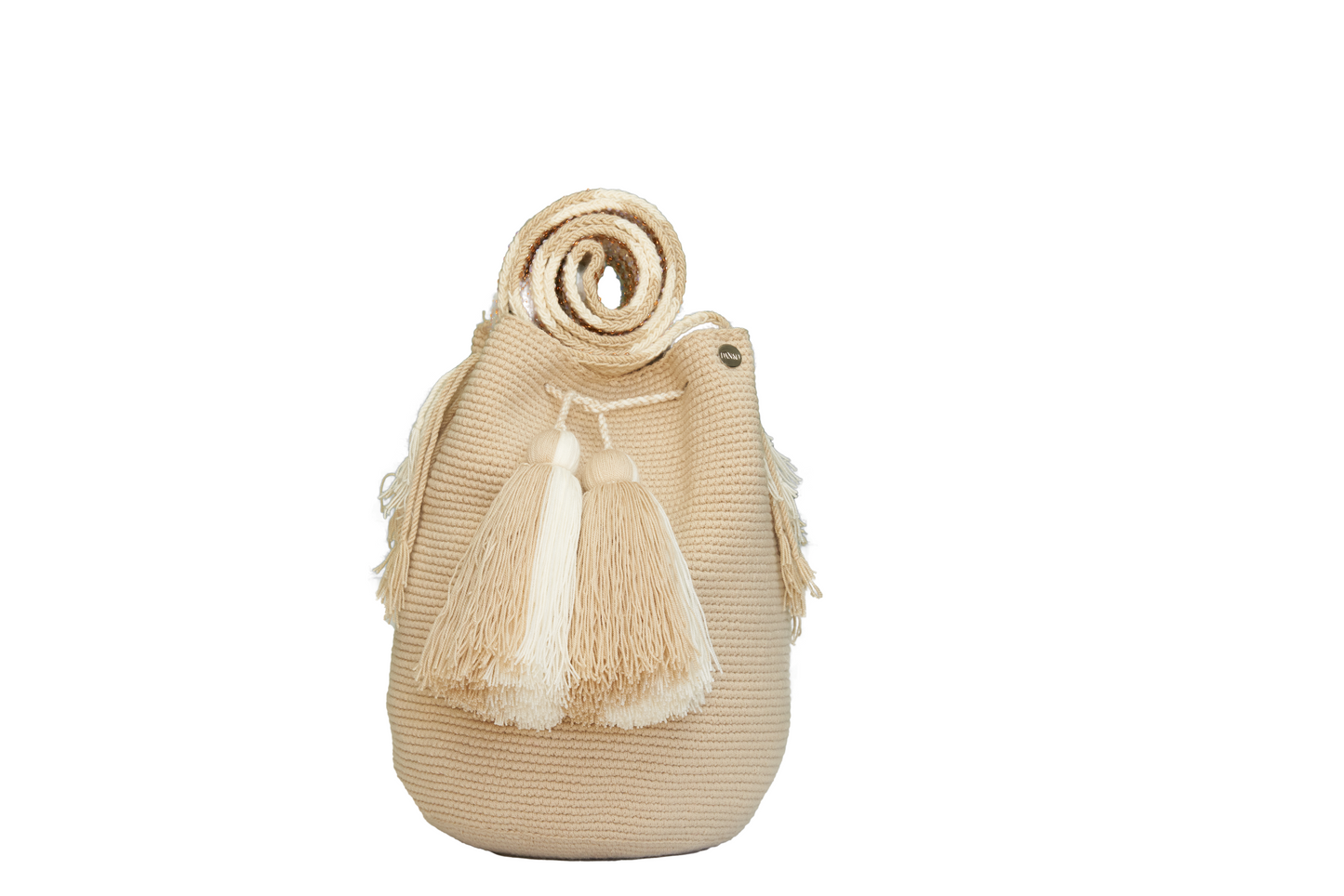 Handmade Beige and White Handbag with gold and silver Gems on the Handel. The bag has 2 tassels in cream and white