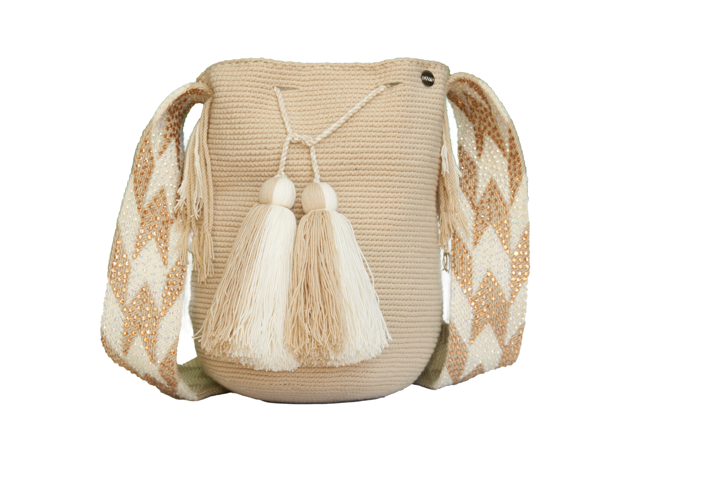 Handmade Beige and White Handbag with gold and silver Gems on the Handel. The bag has 2 tassels in cream and white