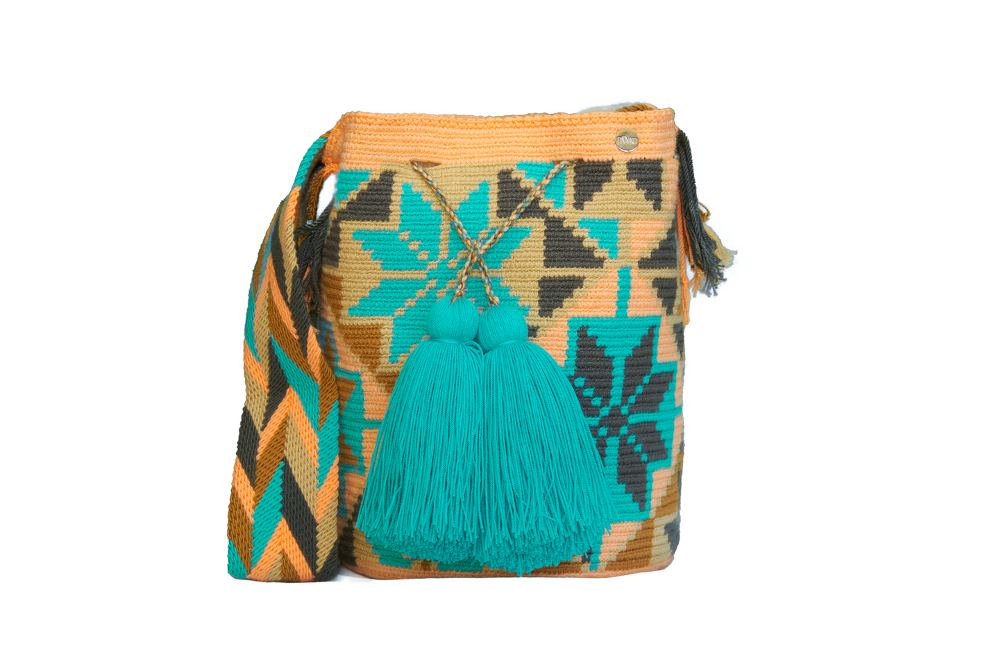 Pink and Blue Snowflake Wayuu Bag, the handbag also has two tassels