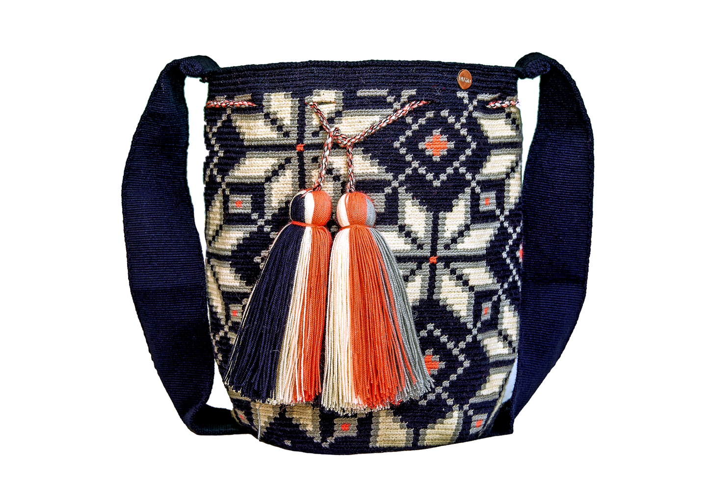 Handmade Navy Blue & White Patterned Crochet Handbag, with 2 tassels. 
