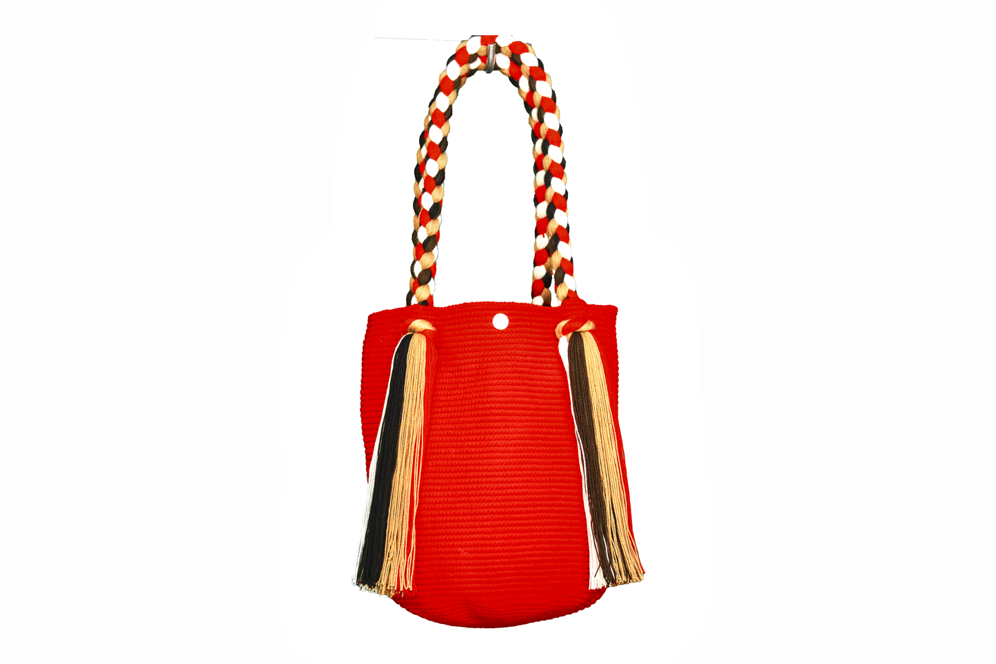Red Tote Bag with Long Tassels, the crochet bag also has a woven handle 