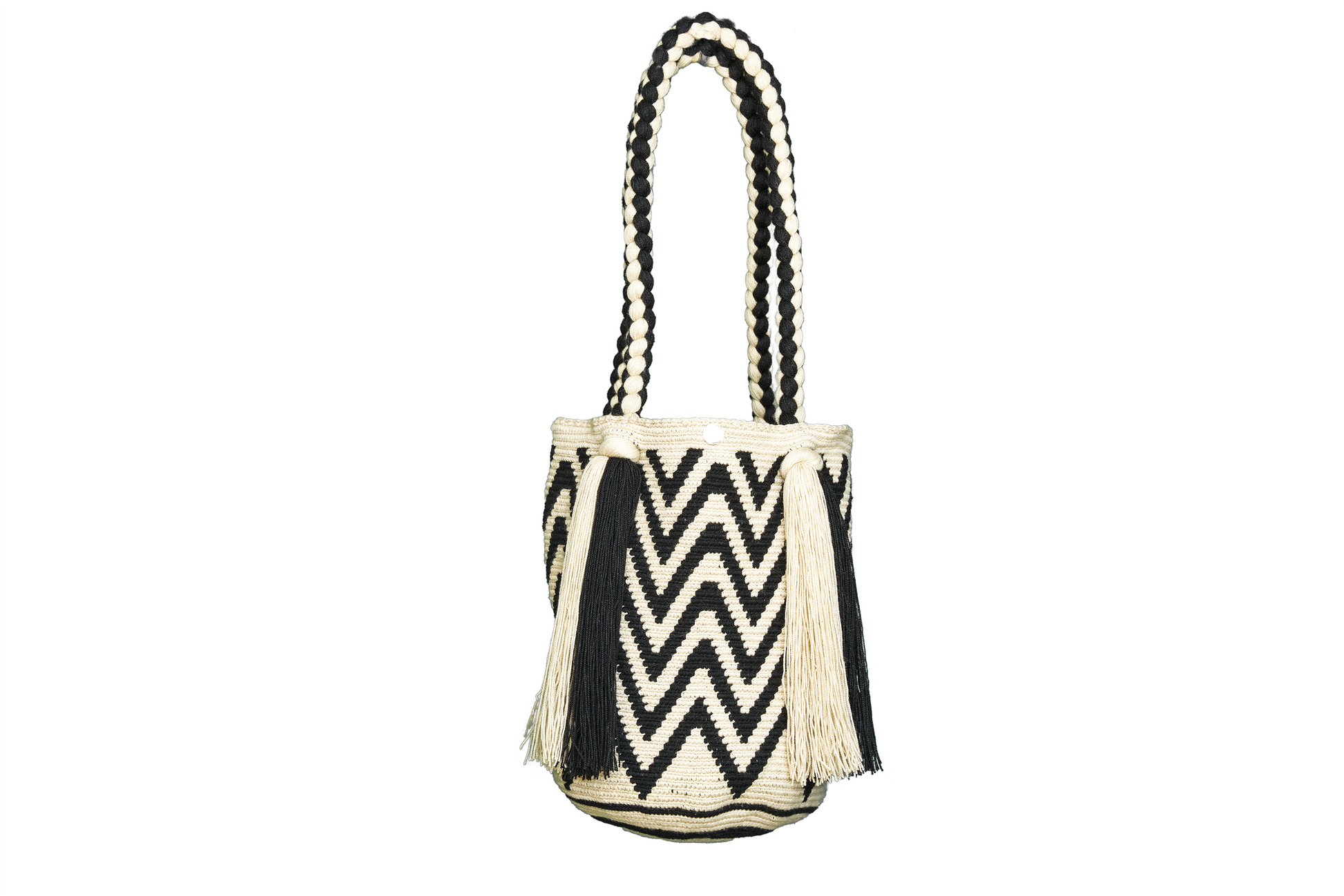 Black and White Tote Bag with Long Tassels. the crochet  handbag also has a woven handle