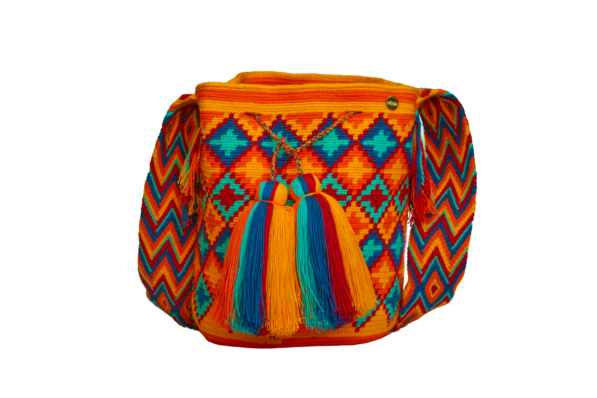 Orange Patterned Crochet Bag, the handbag also has 2 tassels.