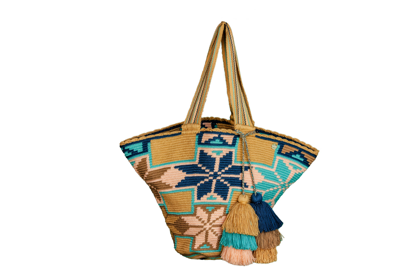 Beach Bag with Star-Shaped Flower Design, the crochet bag also has 6 tassels