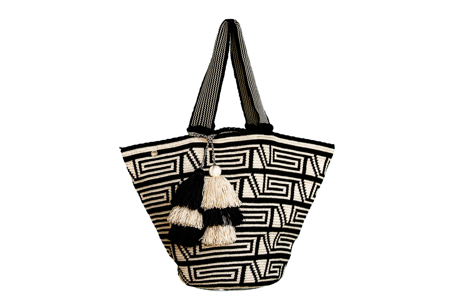 Handmade Black & White Beach Bag, with 6 black and white tassels.